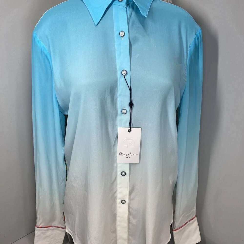 NEW ROBERT GRAHAM Women's Gabriella Long Sleeve Button Shirt Blue/Multi Size S